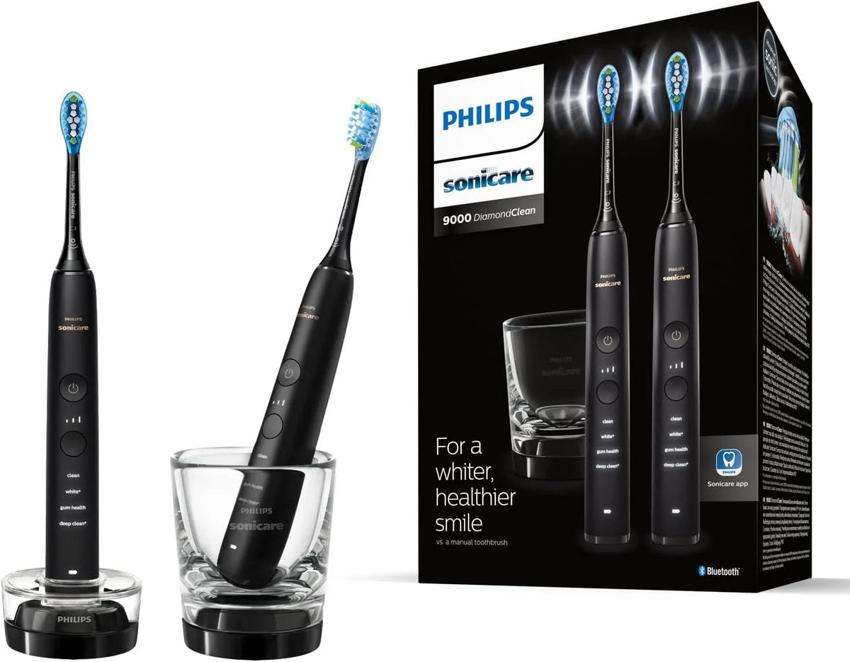 Philips Sonicare DiamondClean 9000, elektryczna szczoteczka soniczna z aplikacją, czujnik nacisku, szklanka do ładowania, kolor czarny i różowe złoto, podwójne opakowanie, model HX9914/57