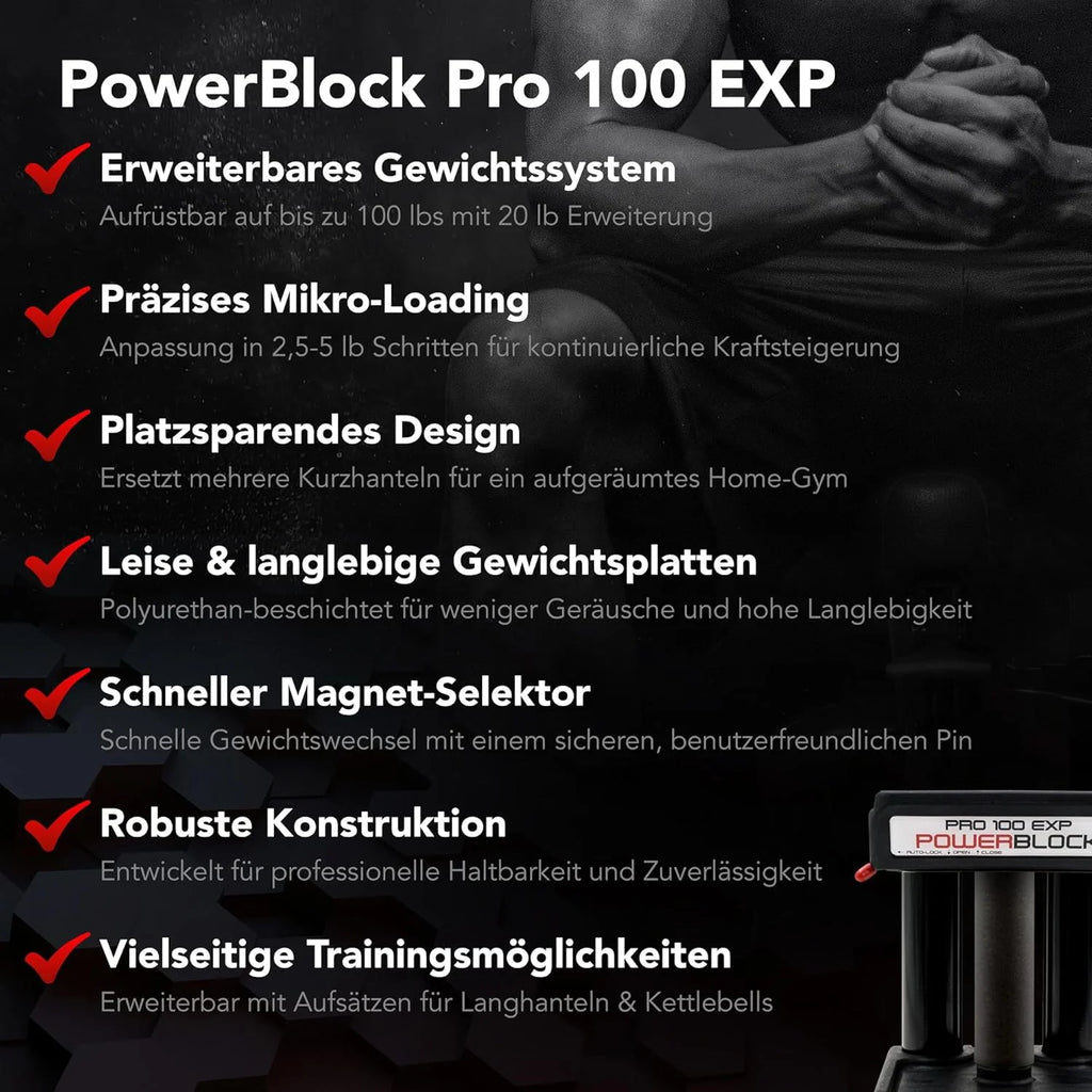 POWERBLOCK Pro 100 EXP Stage 1 - Regulowany zestaw hantli - 1-18 kg na hantel - Wytrzymała stalowa konstrukcja, możliwość rozbudowy - Do intensywnego użytkowania
