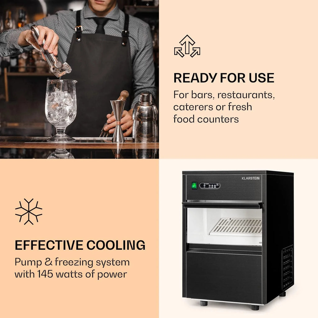 Klarstein Powericer - kostkarka do lodu, Ice Maker, LED, wykładzina neutralna smakowo, bardzo cicha, stal nierdzewna, pojemnik magazynowy 3,5 kg, 145 W, 20 kg / 24 h, czarna