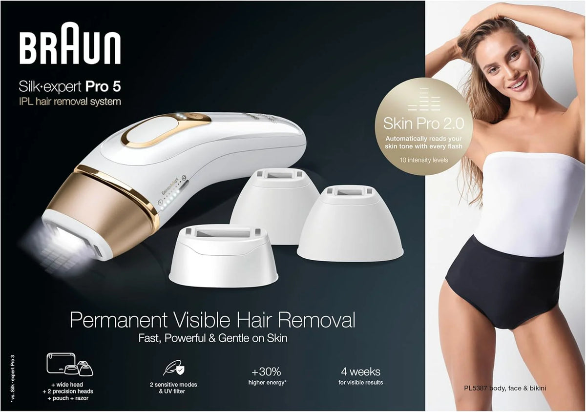 Braun IPL Silk Expert Pro 5, do usuwania włosów w domu, alternatywa dla laserowego usuwania włosów, zawiera woreczek, szeroką głowę, 2 precyzyjne głowice i golarkę Venus, prezent dla kobiet, biały