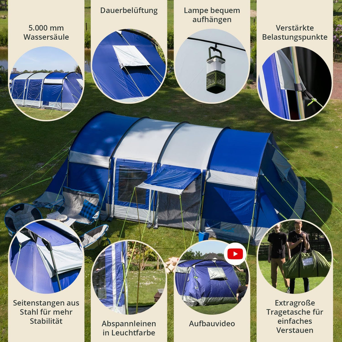 Skandika Namiot tunelowy Montana Sleeper Protect dla 10 osób | wszyta podłoga namiotu, technologia Sleeper, 2 do 4 czarnych sypialni, wodoodporność 5000 mm, moskitiera, 4 wejścia, namiot rodzinny (niebieski)
