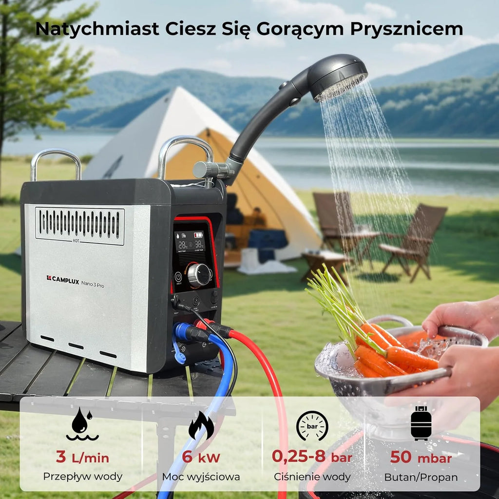 CAMPLUX Nano 3 Pro Aquecedor de Agua a Gás com Bomba de Agua, 3 L/min, Butano (28-30 mbar)/ Propano (37 mbar), para Autocaravana, Campismo