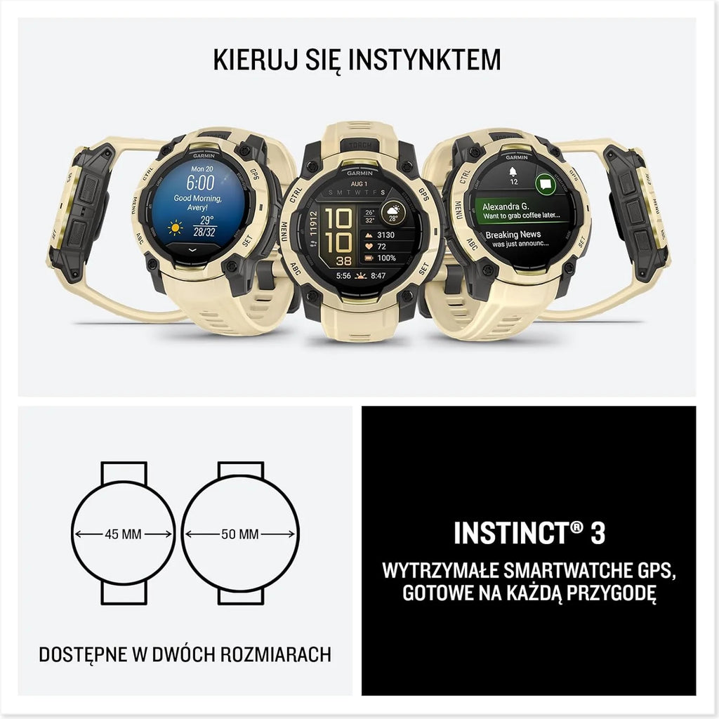 Garmin Instinct 3 SOLAR Wytrzymały Smartwatch GPS, 45 mm, Wbudowane Aplikacje Sportowe i Zdrowotne, Latarka LED, 10ATM, Sunburst