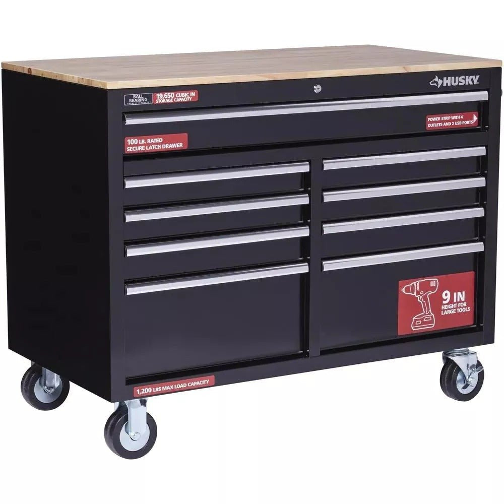 Mobilny stół warsztatowy 2026 z 9-szufladową skrzynką narzędziową w kolorze czarnym połyskującym – 46 cali szerokości x 24 cale głębokości