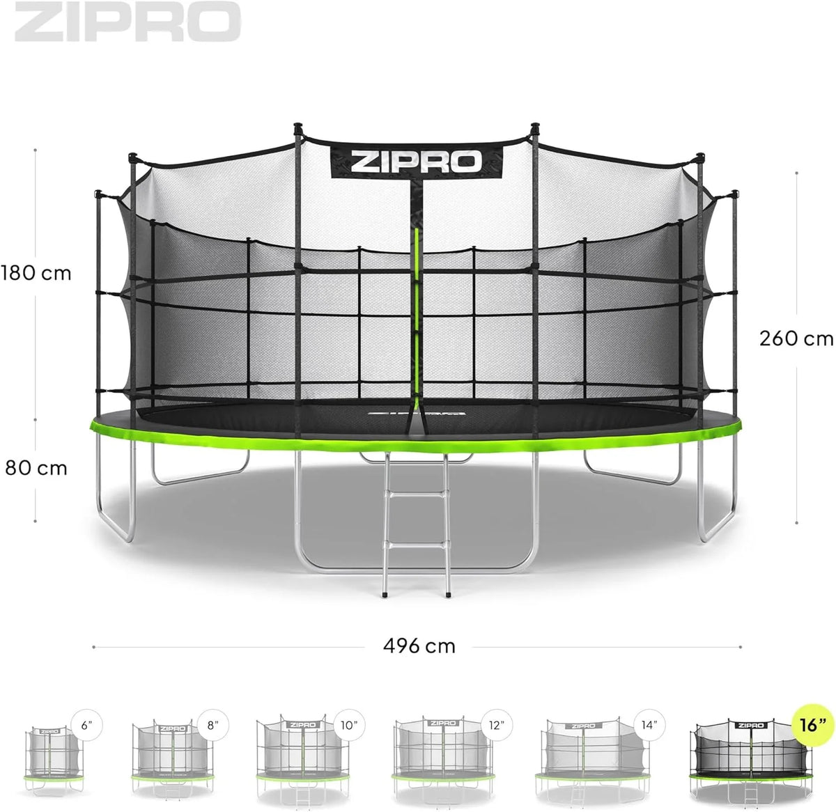 ZIPRO JumpPro IN Trampolina Ogrodowa, Trampolina dla Dzieci, z Siatką Wewnętrzną, Odporna na Warunki, Ochrona UV, Udźwig 100-150 kg, Ø 183/252/312/374/435/496 cm