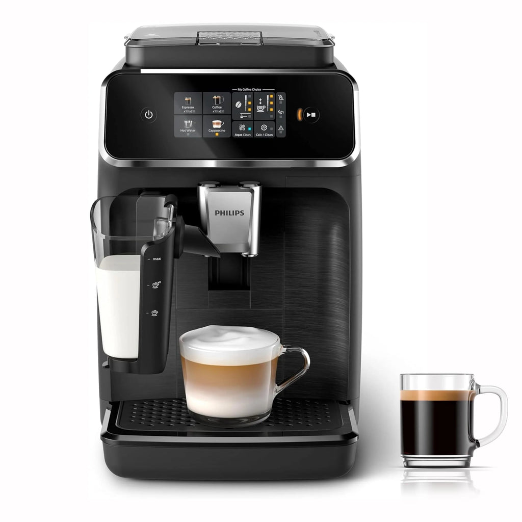 Philips z serii 2300 w pełni zautomatyzowany ekspres do kawy - 4 napoje, nowoczesny, kolorowy ekran dotykowy, LatteGo, SilentBrew, młynek w 100% ceramiczny, filtr AquaClean. Czarny, matowy (EP2330/10)