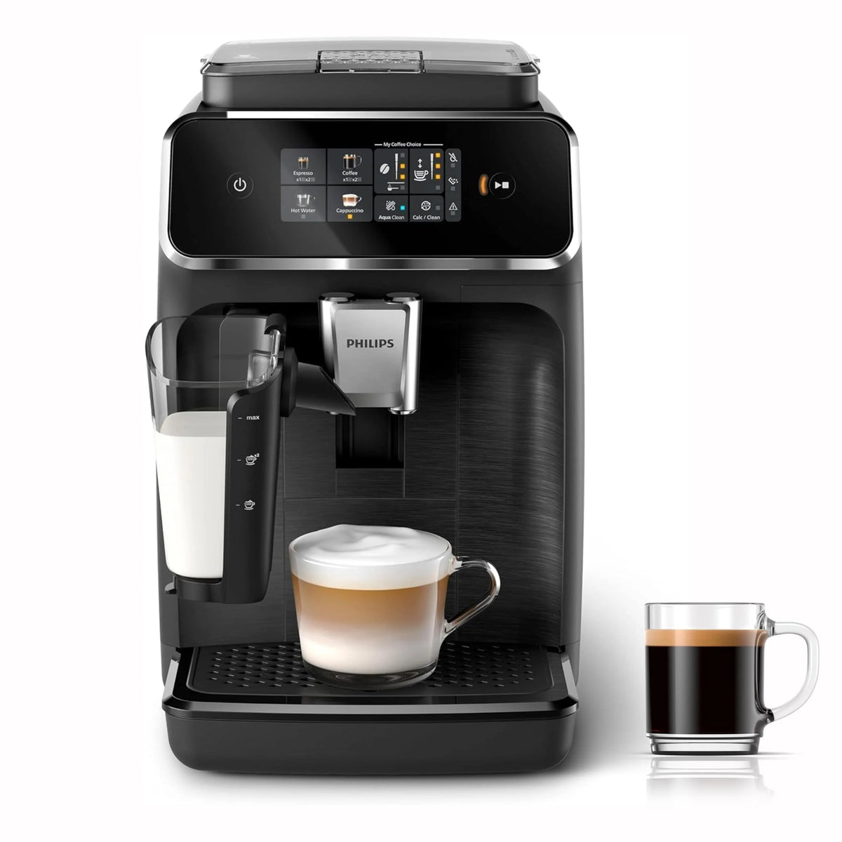 Philips z serii 2300 w pełni zautomatyzowany ekspres do kawy - 4 napoje, nowoczesny, kolorowy ekran dotykowy, LatteGo, SilentBrew, młynek w 100% ceramiczny, filtr AquaClean. Czarny, matowy (EP2330/10)
