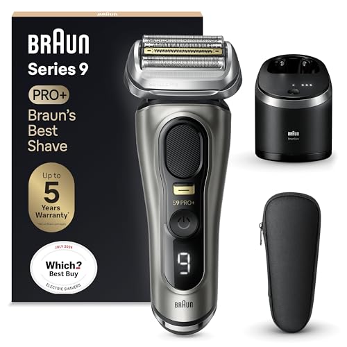 Braun Golarka elektryczna Series 9 Pro z głowicą 4+1, elektryczna maszynka do golenia dla mężczyzn z trymerem ProLift, centrum SmartCare 5 w 1 i skórzanym etui podróżnym, 2-pinowa wtyczka p
