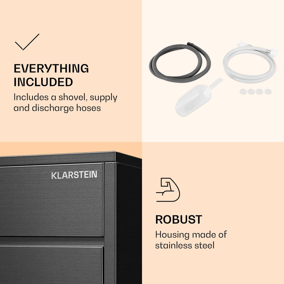 Klarstein Powericer - kostkarka do lodu, Ice Maker, LED, wykładzina neutralna smakowo, bardzo cicha, stal nierdzewna, pojemnik magazynowy 3,5 kg, 145 W, 20 kg / 24 h, czarna