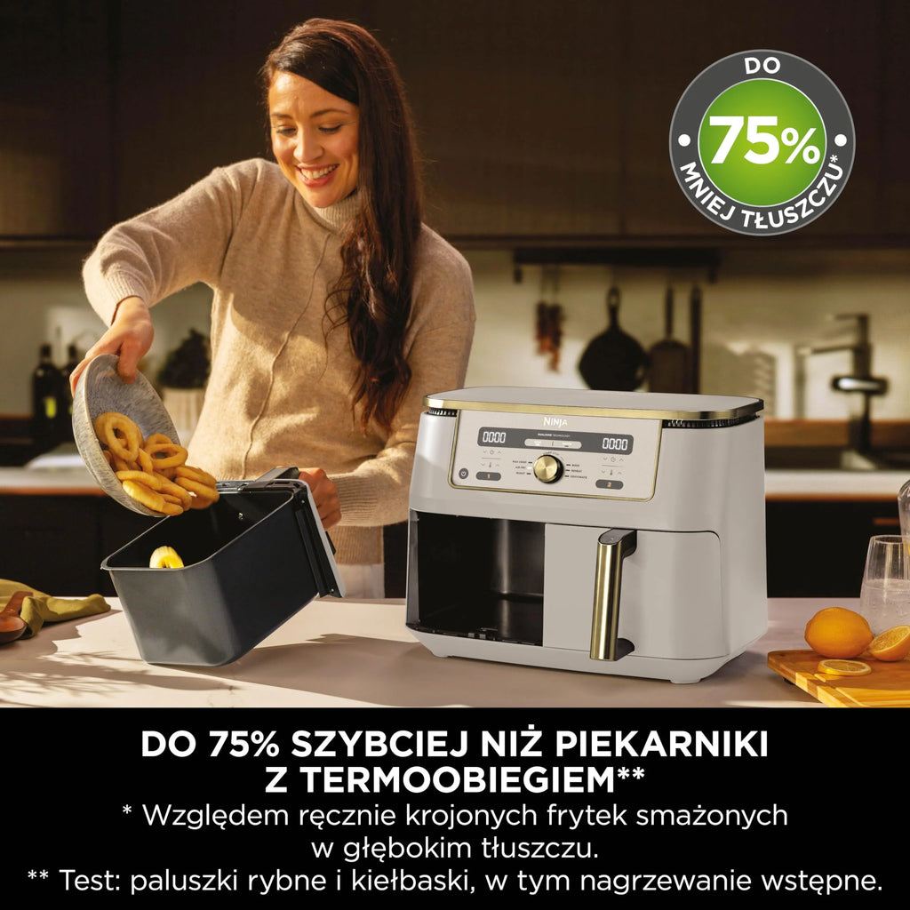 Ninja MAX Dwustrefowa frytkownica, 2 szuflady, 9,5 l, zero oleju, Air Fry, Max Crisp, Roast, Bake, Reheat, Dehydrate, nieprzywierające kosze do mycia w zmywarce, Złoty odcień kamienia, DZ400EUSTGD