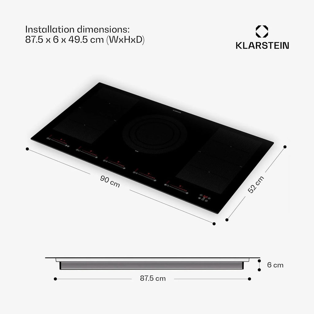 Klarstein Płyta indukcyjna z 5 płytami, 90 cm, płyta szklano-ceramiczna, 9600 W, 4 płyty grzewcze, sterowanie dotykowe i ochrona przed przegrzaniem, wydajna