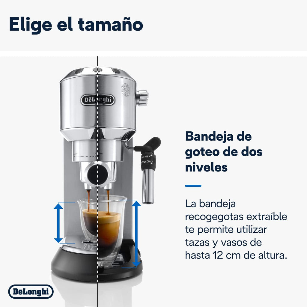 De'Longhi Dedica – Ekspres do kawy ze stali nierdzewnej z pompką do kawy mielonej lub na kapsułki, espresso i cappuccino, zbiornik 1,3 litra, system zapobiegający kapaniu, model EC685.M, kolor metaliczny