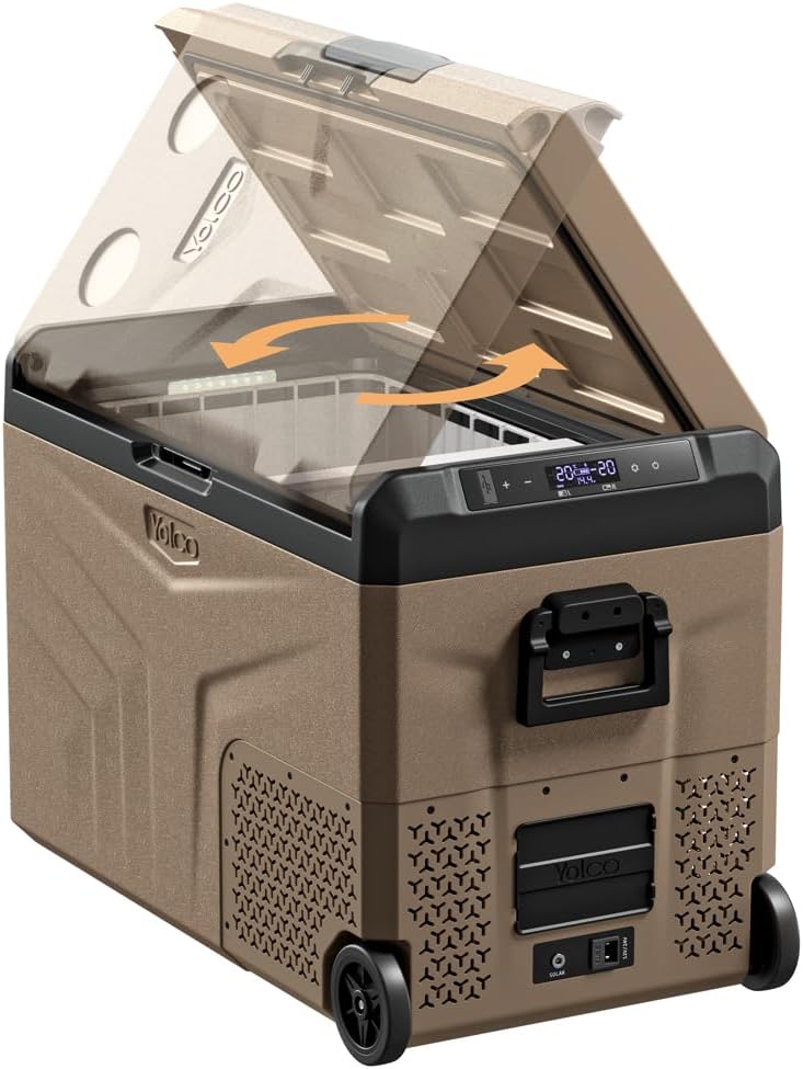 Yolco TCX50 piaskowa lodówka podróżna z kompresorem, 50 l + akumulator – Dual Zone, -20°C, 12/24 V i 230 V, aplikacja Bluetooth, lodówka i zamrażarka z rolkami, na kemping i w podróży