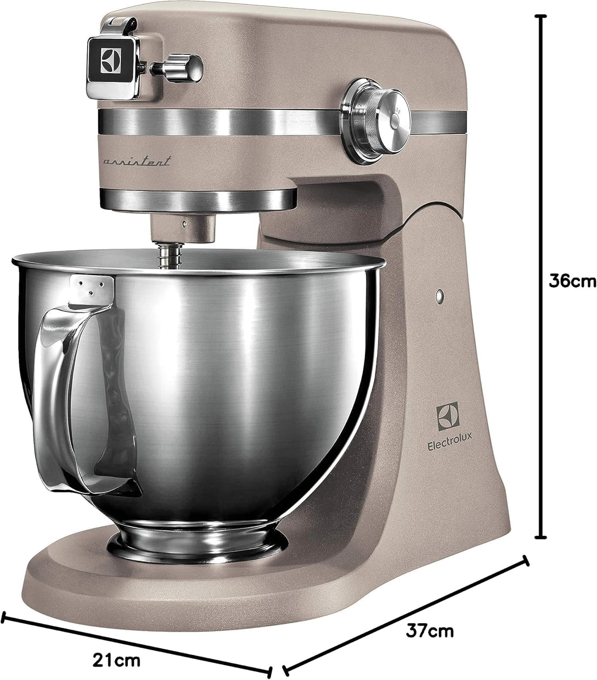 Electrolux Robot Kuchenny 1200 W, 10 prędkości + f. pulsacyjna, Oświetlenie LED misy, 2 misy o pojemności 4,8l i 2,9l, W Zestawie: Hak, Trzepaczka, Ubijaczka, Silikonowa Łyżka, Pokrywa, EKM5570,Beżowy
