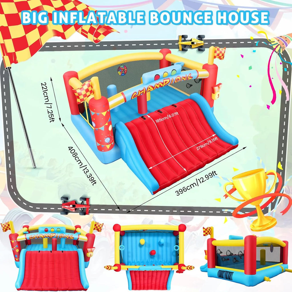 AKEYDIY Duży dmuchany zamek dla dzieci – nadmuchiwana zjeżdżalnia ze ścianką wspinaczkową i piłką do koszykówki – motyw wyścigowy do ogrodu – kompletny zestaw z dmuchawą (XL dmuchany zamek)