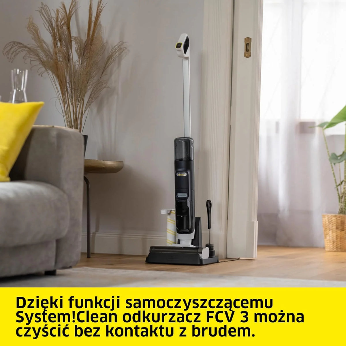 Kärcher bezprzewodowy mop odkurzający FCV 4 Dry Extra, 4 tryby czyszczenia, bateria: ok. 45 min, powierzchnia użytkowa na jedno ładowanie: ok. 200 m², stacja czyszcząca, ładująca i susząca