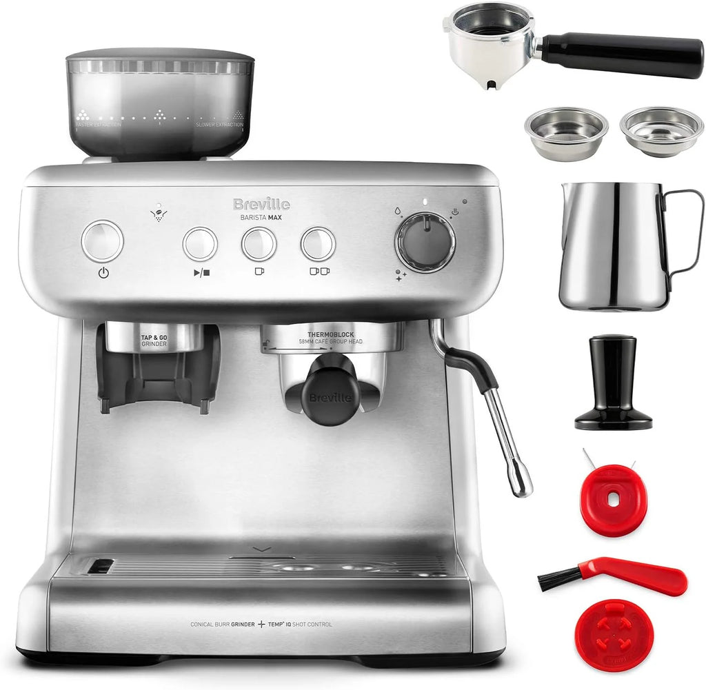 Breville Barista Max Ekspres do kawy Kolbowy VCF126X, Zbiornik na wodę 2.8L, Zintegrowany młynek do kawy i spieniacz do mleka, 15 Bar, Stal Szczotkowana