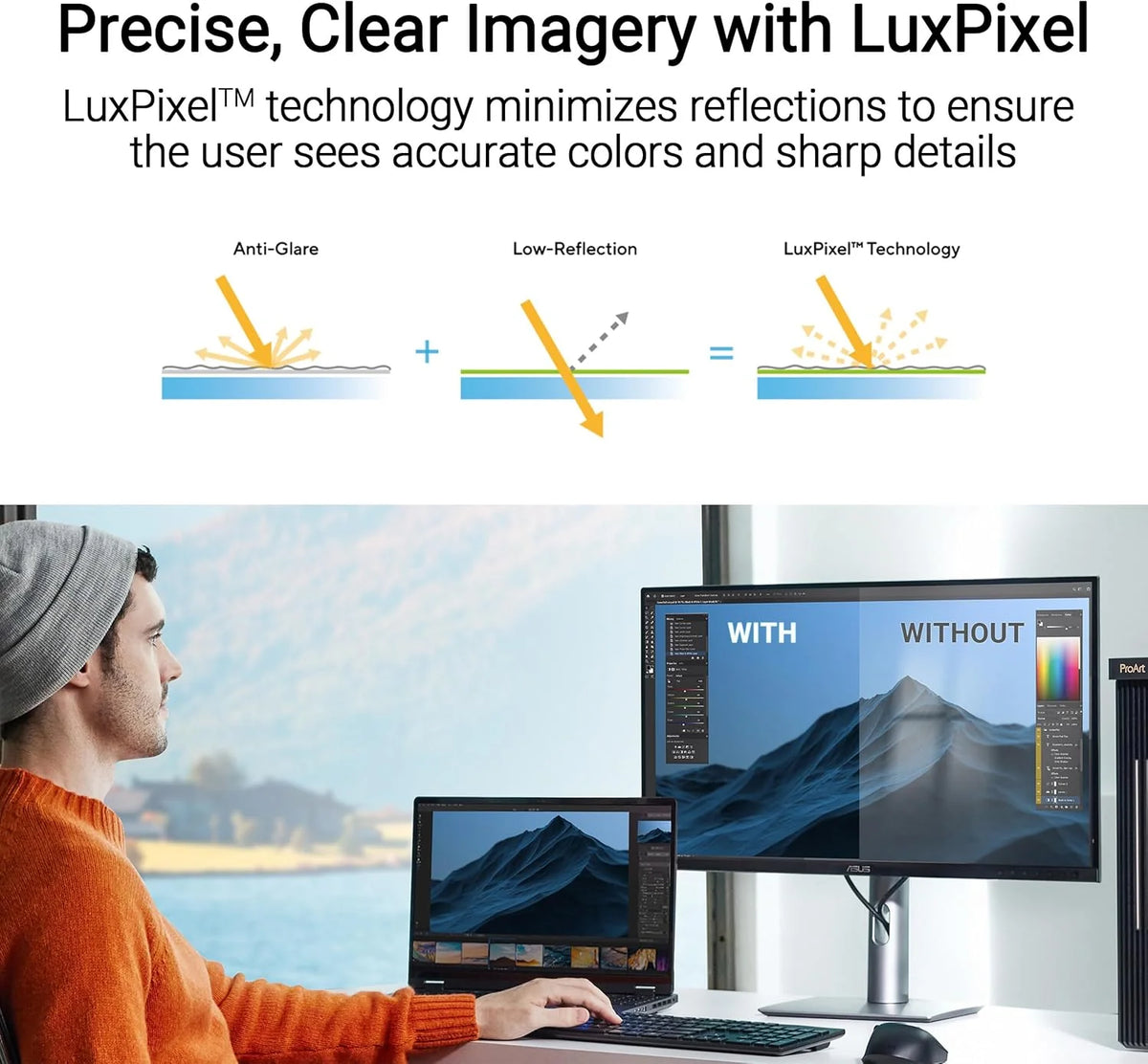ASUS ProArt PA27JCV profesjonalny monitor 27 5K - 16:9, 5120 x 2880, 10-bitowy, LuxPixel AGLR, Auto KVM, ergonomiczny, Calman, DisplayHDR 500 - DisplayPort, HDMI, 96 W USB-C, koncentrator USB