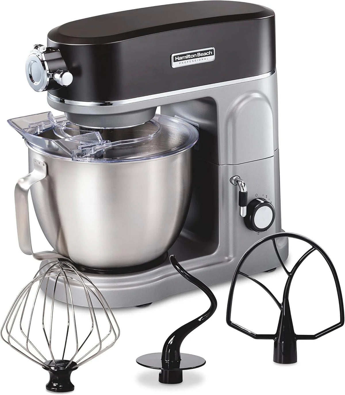 Hamilton Beach Professional Metalowy blender stojący ze specjalnym pojemnikiem mocującym, miska o pojemności 5 litrów, 12 prędkości, w zestawie płaska trzepaczka, hak do ciasta, trzepaczka (63240)