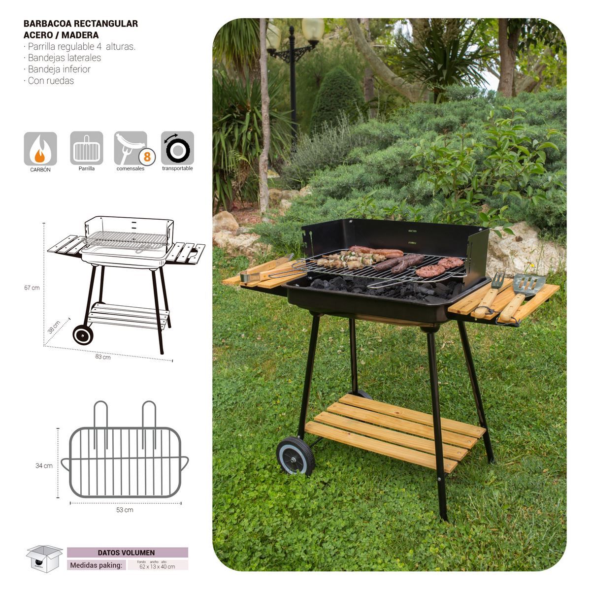 Grill węglowy Chiara z czarnym rusztem stalowym 67x38x83 cm