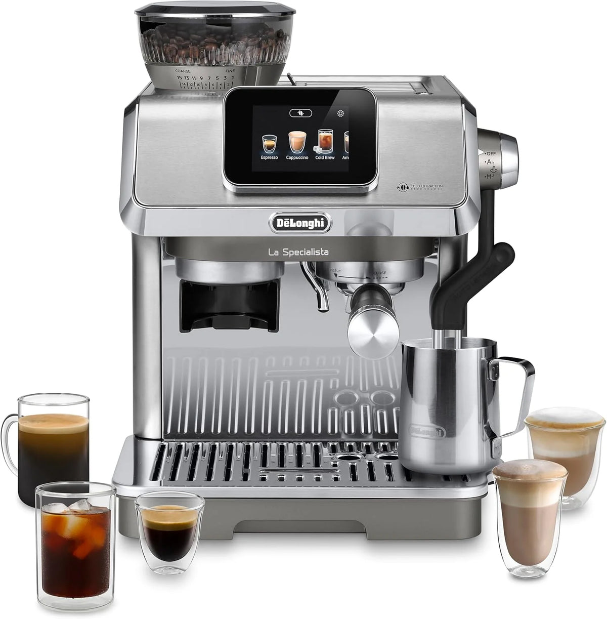 De'Longhi Specjalista dotykowy EC9455.M ekspres do kawy z młynkiem do kawy, funkcja Cold Brew, automatyczne i ręczne spienianie mleka, 10 bezpośrednich przepisów, wyświetlacz dotykowy, w zestawie