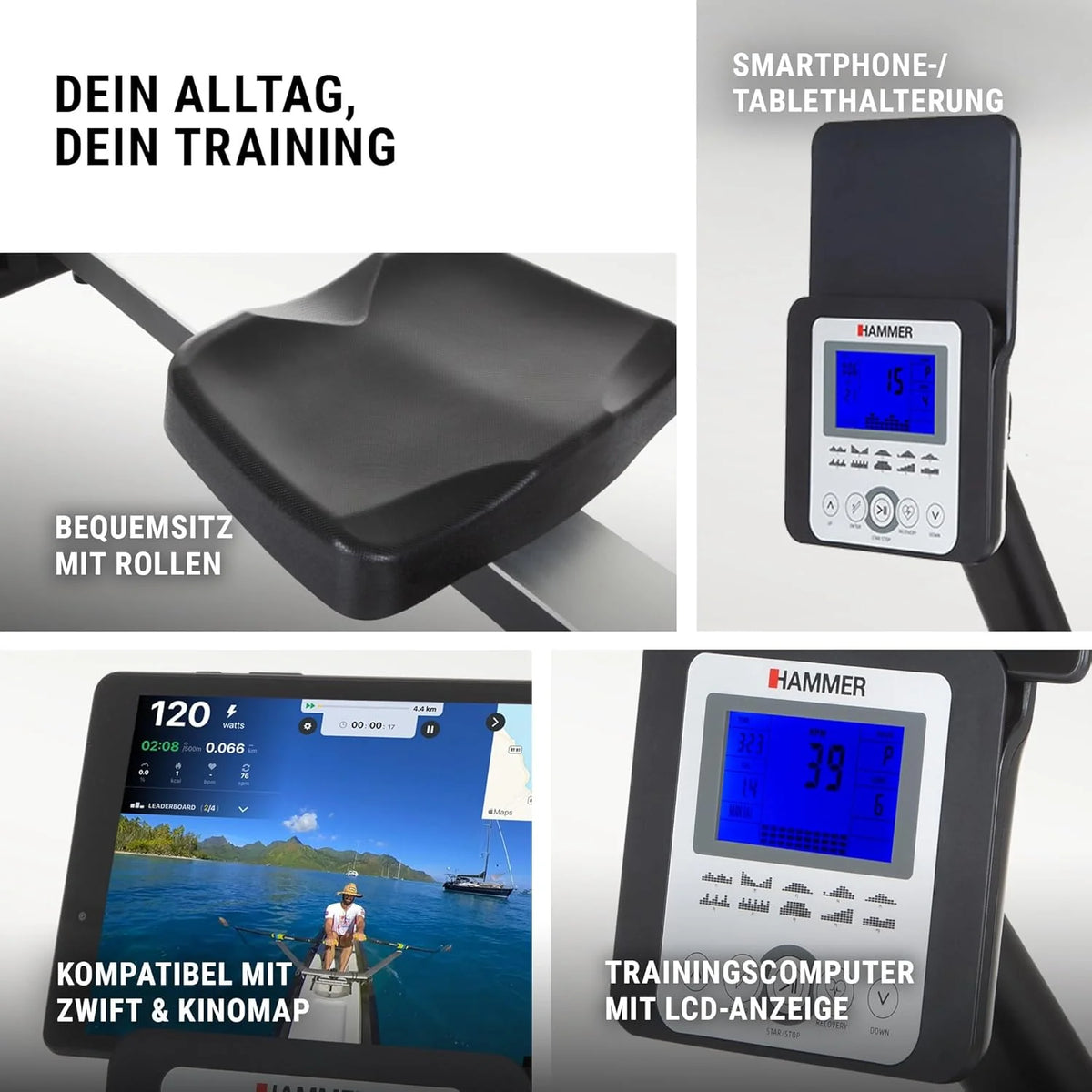 HAMMER Wioślarz Cobra XTR Plus II do domu – wioślarz z innowacyjnym komputerem treningowym, uchwytem na smartfon/tablet, do 130 kg wagi użytkownika, 232 x 55 x 75 cm, kolor czarny, 4532