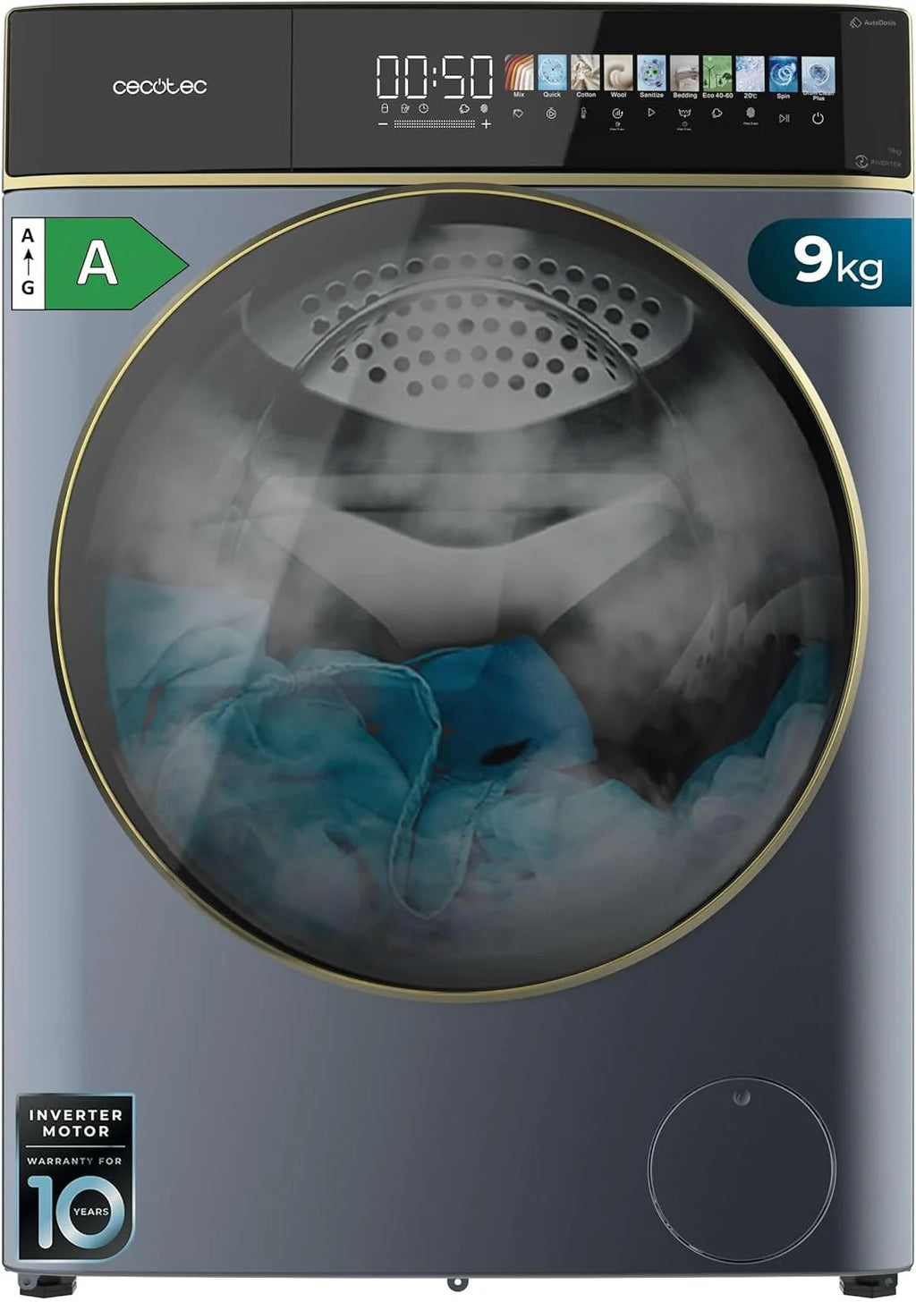 Cecotec Pralka 9 kg ładunek przedni Autodosis Bolero DressCode 9900 Autodose Inverter FullColor Ice Blue A. Wykończenie niebieskie 1400 obr./min, ekran 10.3, falownik, SteamMax, klasa A