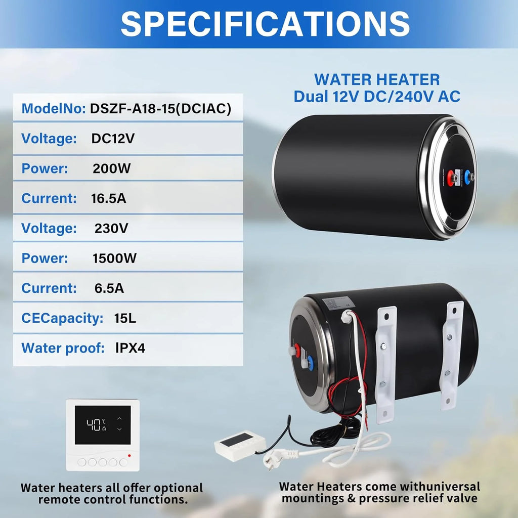 Podgrzewacz wody z podwójną mocą, 12 V DC 200 W/230 V AC 1500 W, 10 l, do przyczepy kempingowej, wtyczka brytyjska, 230 V, RV, podgrzewacz wody, natychmiastowy do kampera, do kampera z podwójnym