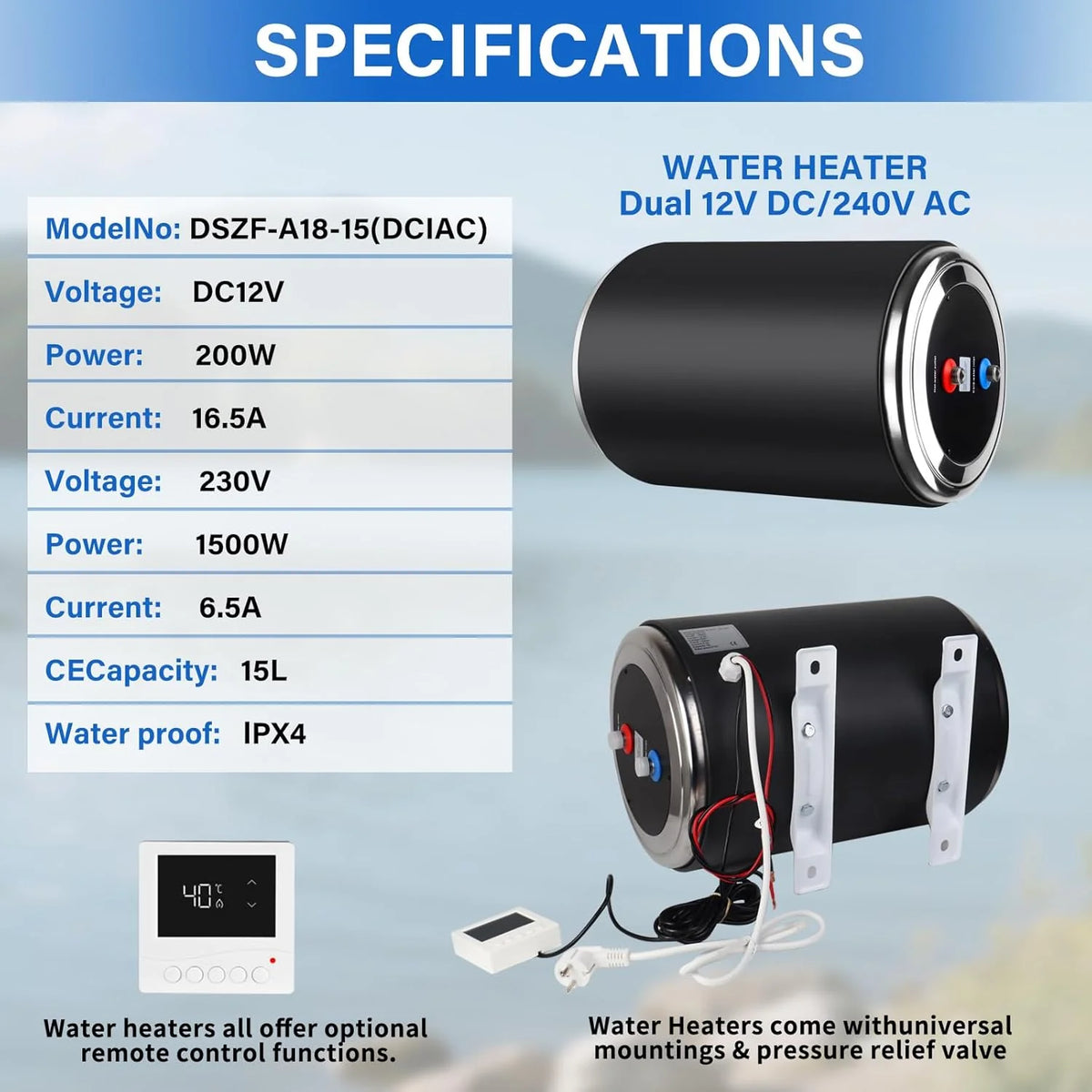 Podgrzewacz wody z podwójną mocą, 12 V DC 200 W/230 V AC 1500 W, 10 l, do przyczepy kempingowej, wtyczka brytyjska, 230 V, RV, podgrzewacz wody, natychmiastowy do kampera, do kampera z podwójnym