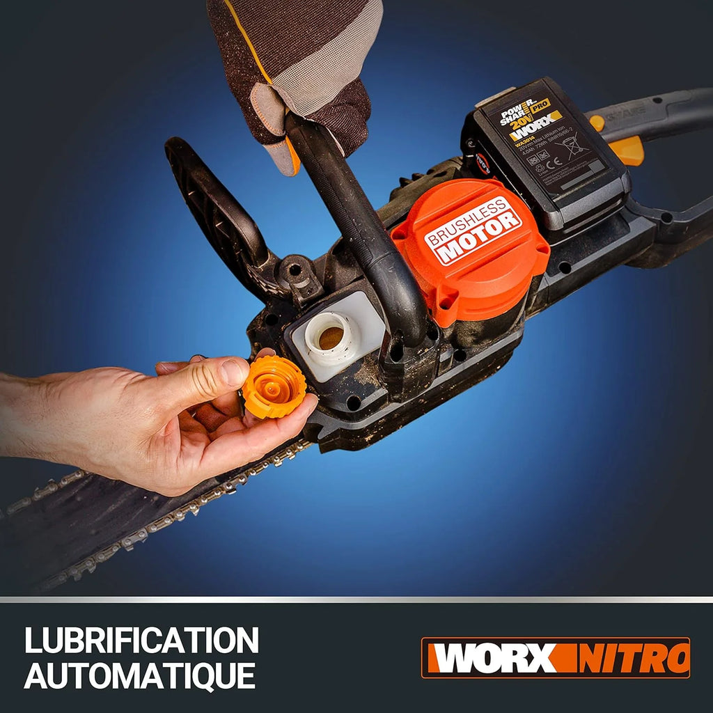 WORX WG385E Nitro Akumulatorowa Pilarka Łańcuchowa 40V(2 x 20V), Silnik Bezszczotkowy, Automatyczne Napinanie i Smarowanie Łańcucha, Długość Cięcia 40 cm, Prędkość Cięcia 18m/s