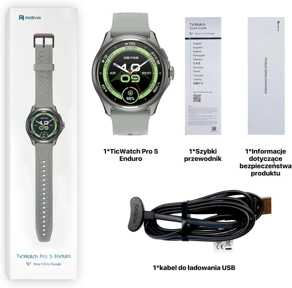 Ticwatch Pro 5 Enduro Smartwatch dla mężczyzn z systemem Android Wear OS Smart Watch 90 h, akumulator 110+, tryby treningowe 7/24, tętno 5 ATM, kompas GPS, nie jest kompatybilny z iPhonem