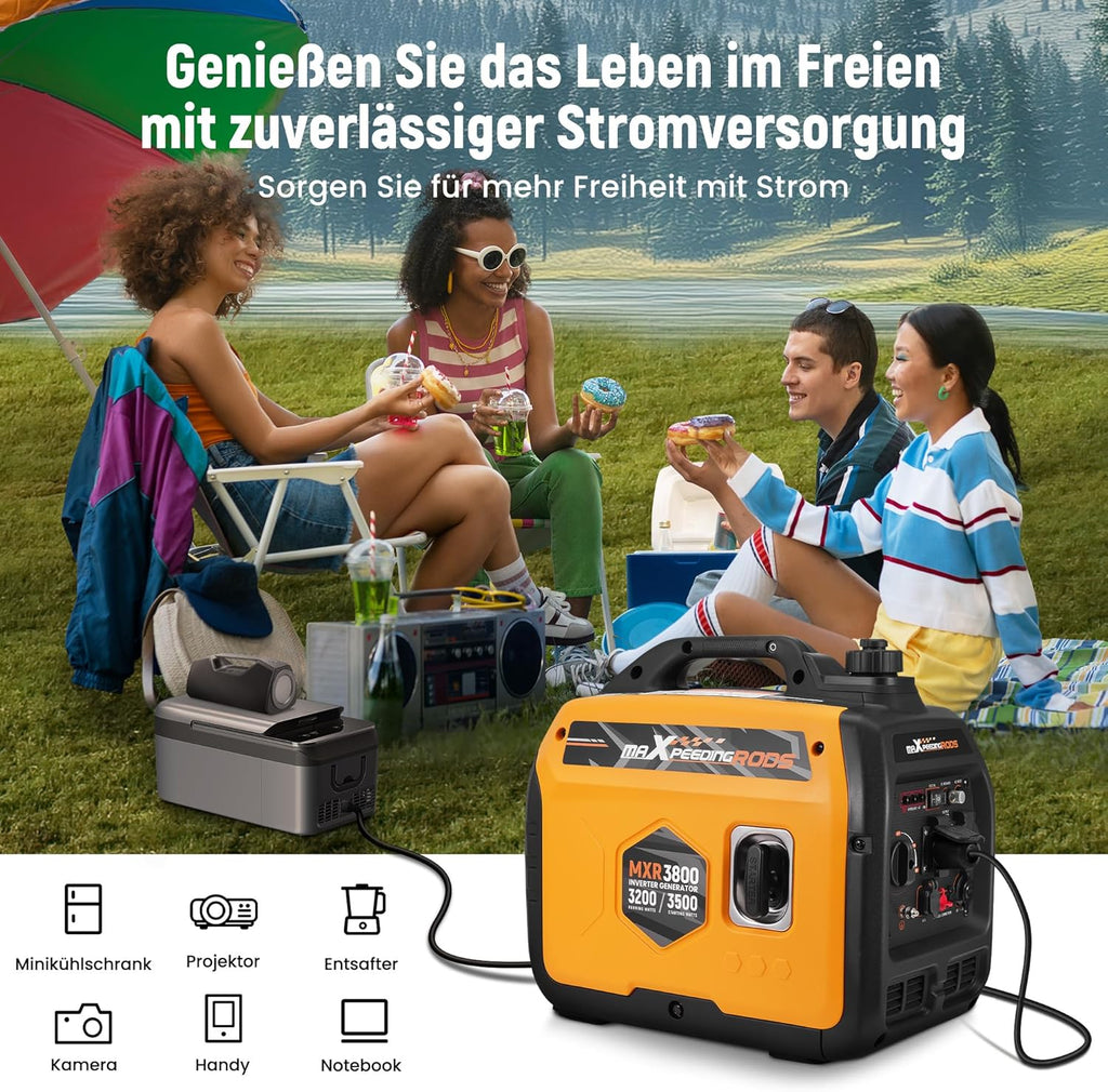 maXpeedingrods Inwerterowy generator prądu 3500 W, lekki i mobilny agregat prądotwórczy na benzynę, tryb ECO z 2 x 230 V / 2 x USB / 1 x 12 V DC gniazda wtykowe na kemping, festiwale, podróże