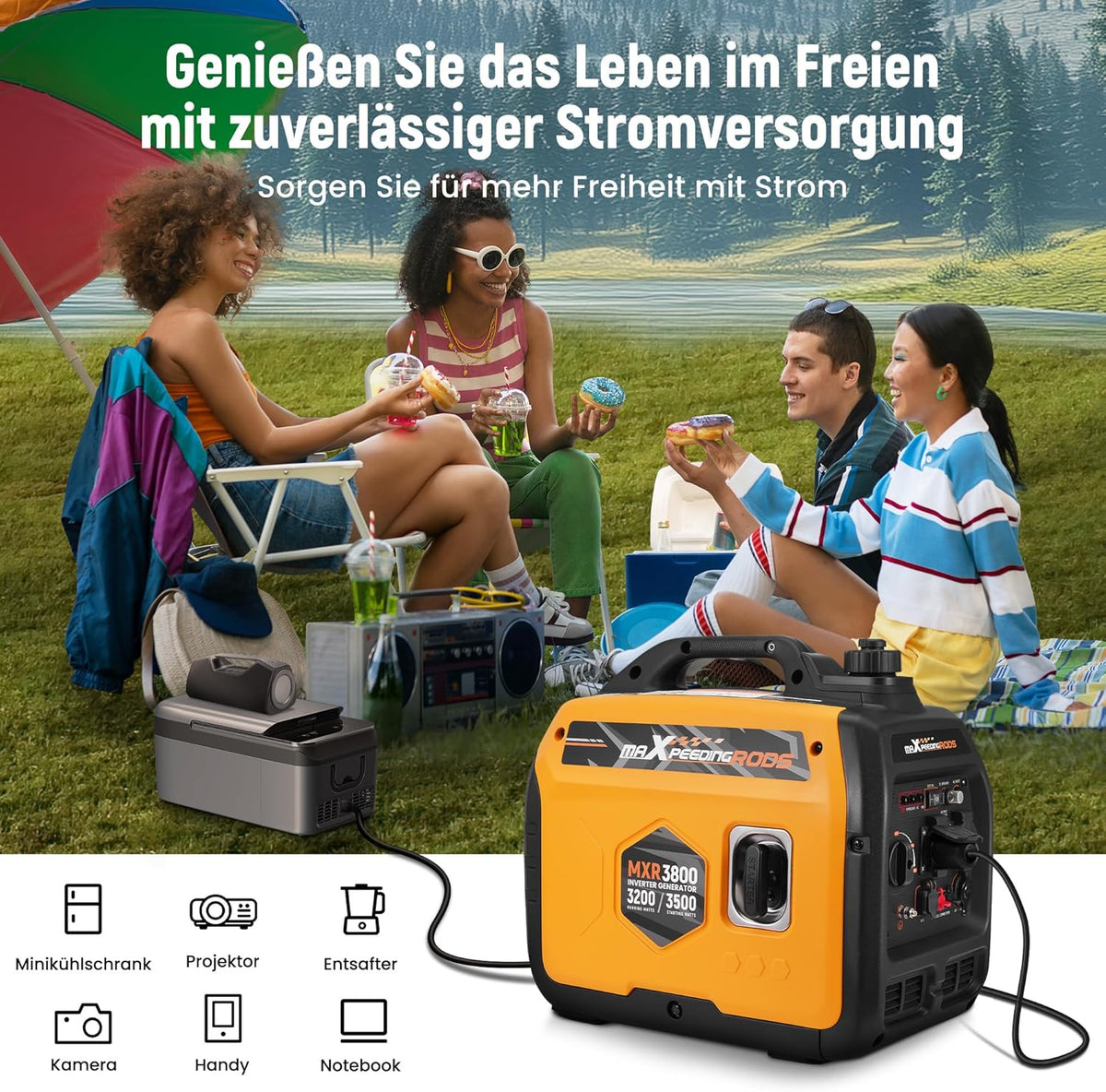 maXpeedingrods Inwerterowy generator prądu 3500 W, lekki i mobilny agregat prądotwórczy na benzynę, tryb ECO z 2 x 230 V / 2 x USB / 1 x 12 V DC gniazda wtykowe na kemping, festiwale, podróże