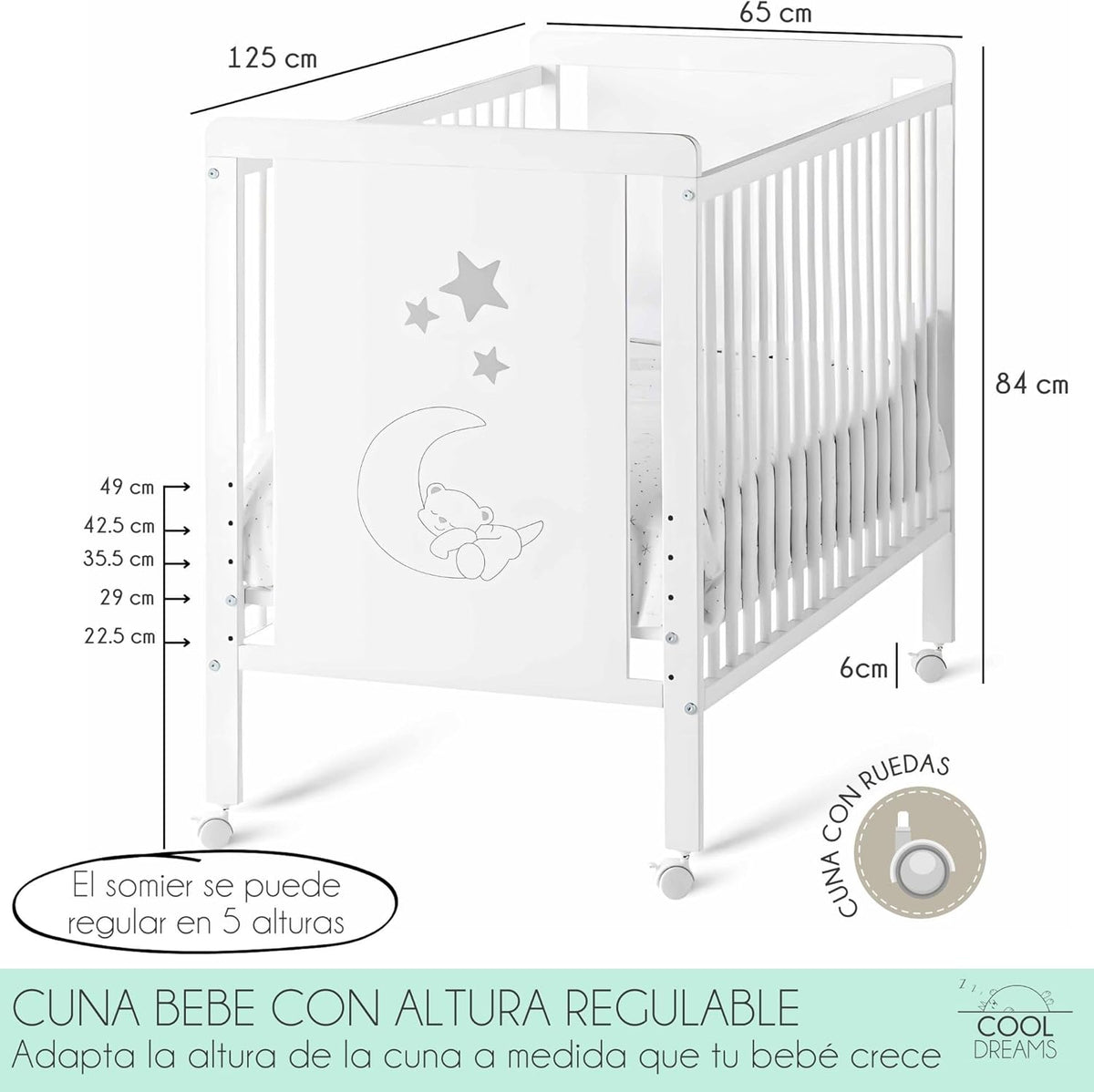 Łóżeczko dostawne dla niemowląt, zestaw łączący łóżeczko z łóżkiem, materac Morfeo HR (certyfikaty Oeko-Tex® i CertiPUR), 4 kółka, prześcieradła z gumką i płaskie z naturalnej bawełny. Indi CoolDreams CoolDreams