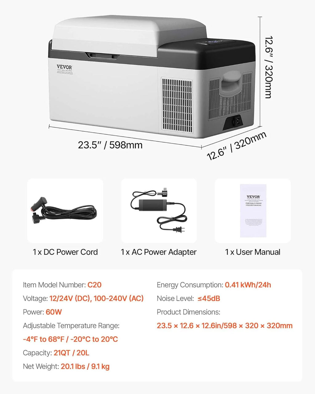 VEVOR Przenośna lodówka elektryczna 80 W, 12/24 V, wydajne chłodzenie -20℃ - 20℃ z niskim poziomem hałasu 45 dB, do samochodów i kamperów (55 l)