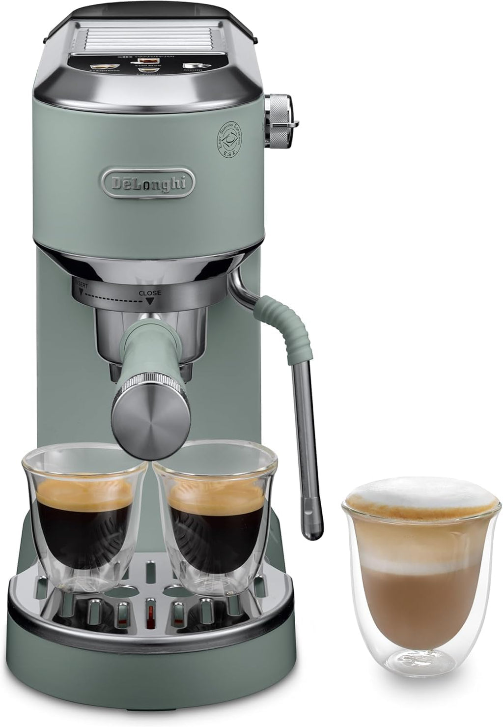 De'Longhi Dedica – Ekspres do kawy ze stali nierdzewnej z pompką do kawy mielonej lub na kapsułki, espresso i cappuccino, zbiornik 1,3 litra, system zapobiegający kapaniu, model EC685.M, kolor metaliczny