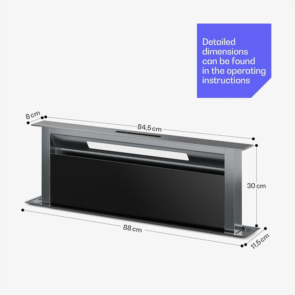 Klarstein Verosteel Downdraft okap kuchenny 90 cm – klasa energetyczna A++, zwiększenie wydajności 906,2 m³/h, obsługa dotykowa, LED, aluminium i szkło, filtr do zmywarki, cichy okap kuchenny