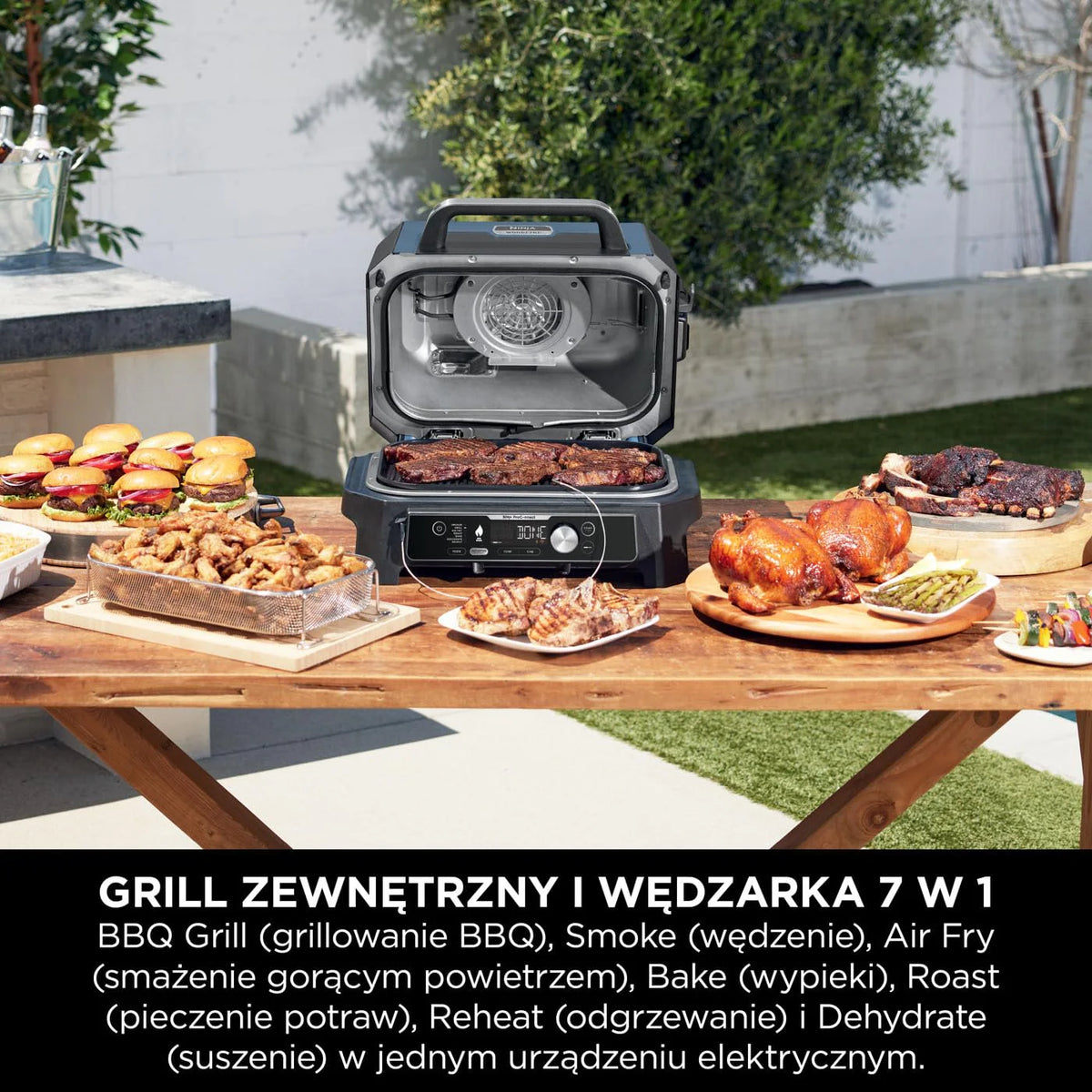 Ninja Woodfire Pro Connect XL Grill elektryczny, wędzarnia i frytkownica 7 w 1, sterowany za pomocą aplikacji, termometr cyfrowy z sondą, opalany pelletem drzewnym, wodoodporny, czarny, OG901EU
