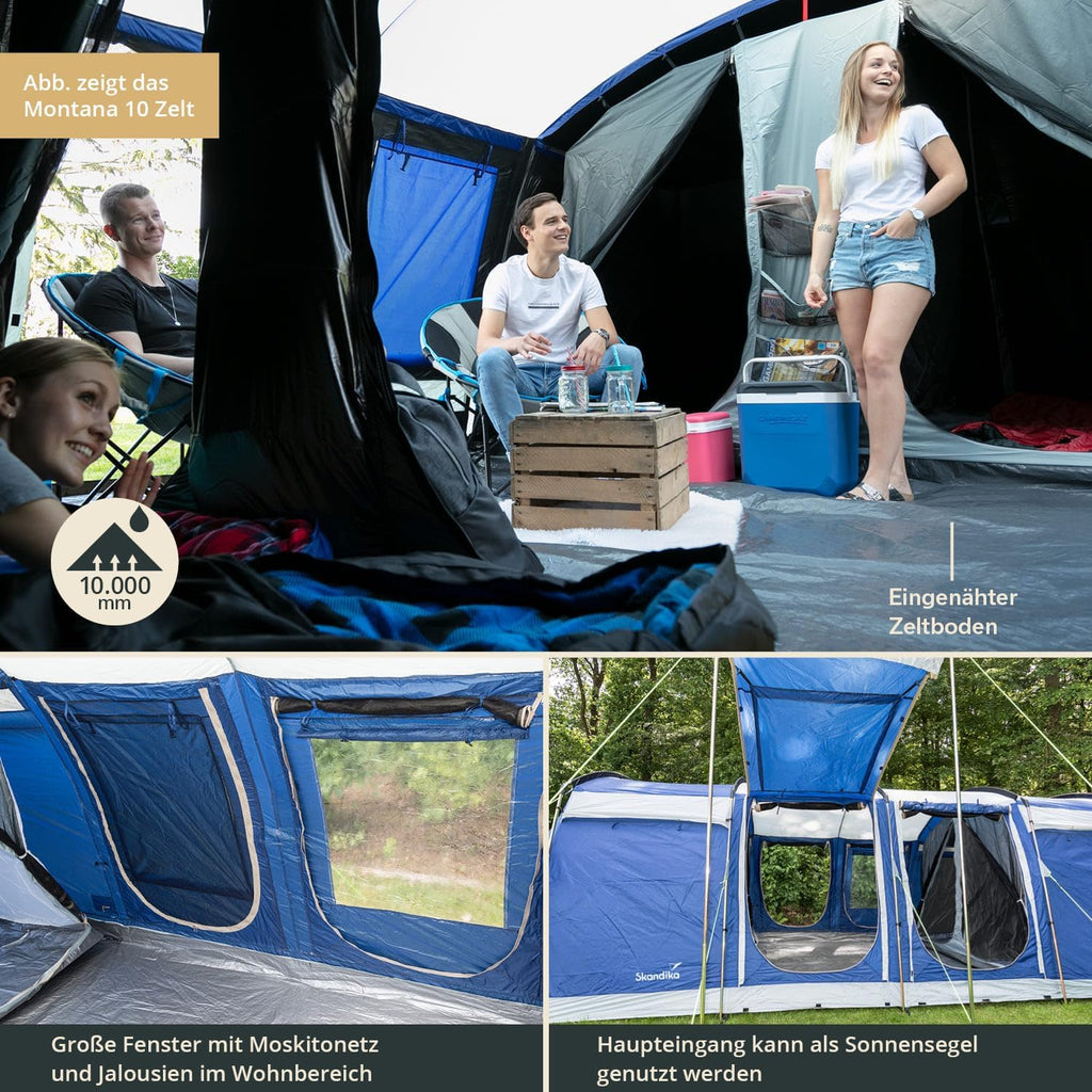 Skandika Namiot tunelowy Montana Sleeper Protect dla 10 osób | wszyta podłoga namiotu, technologia Sleeper, 2 do 4 czarnych sypialni, wodoodporność 5000 mm, moskitiera, 4 wejścia, namiot rodzinny (niebieski)