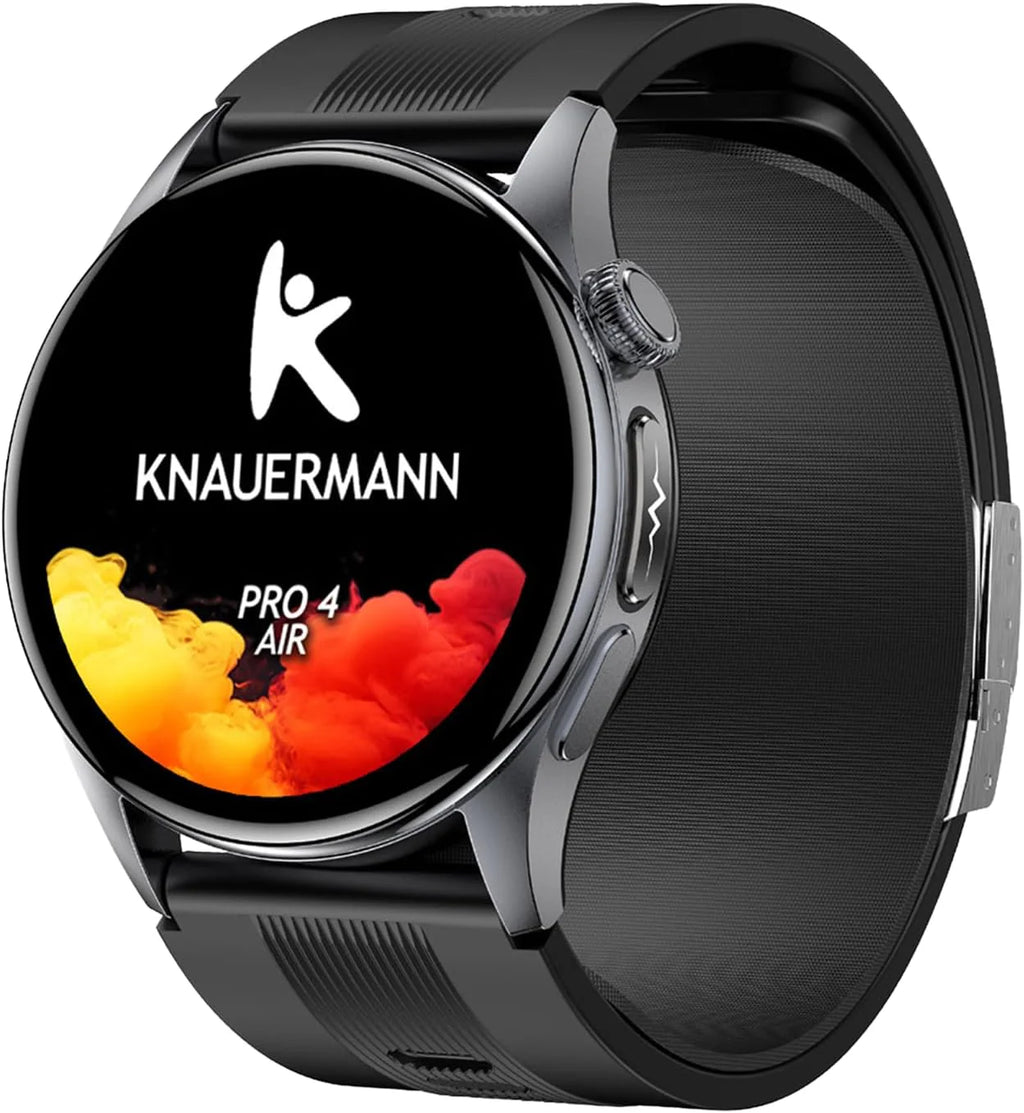 Knauermann PRO 4 Air (2026) Smartwatch i tracker fitness dla kobiet i mężczyzn, AMOLED zawsze włączony, IP66, Bluetooth 5.3, bateria do 25 dni, Android i iOS, czarny, okrągły, pakiet premium