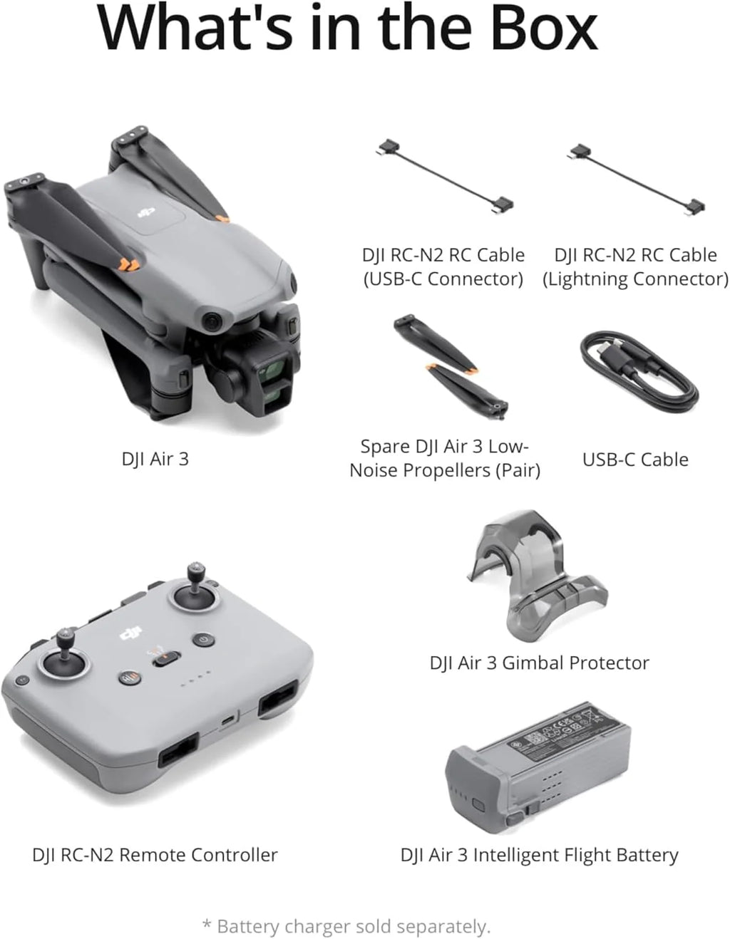 DJI Air 3 (DJI RC-N2), dron ze średnimi, podwójnymi kamerami telewizyjnymi i szerokokątnymi, maks. czas lotu 46-Min, wszechkierunkowe wyczuwanie przeszkód, zdjęcia 48MP, wideo 4K/60 kl./s HDR, C1
