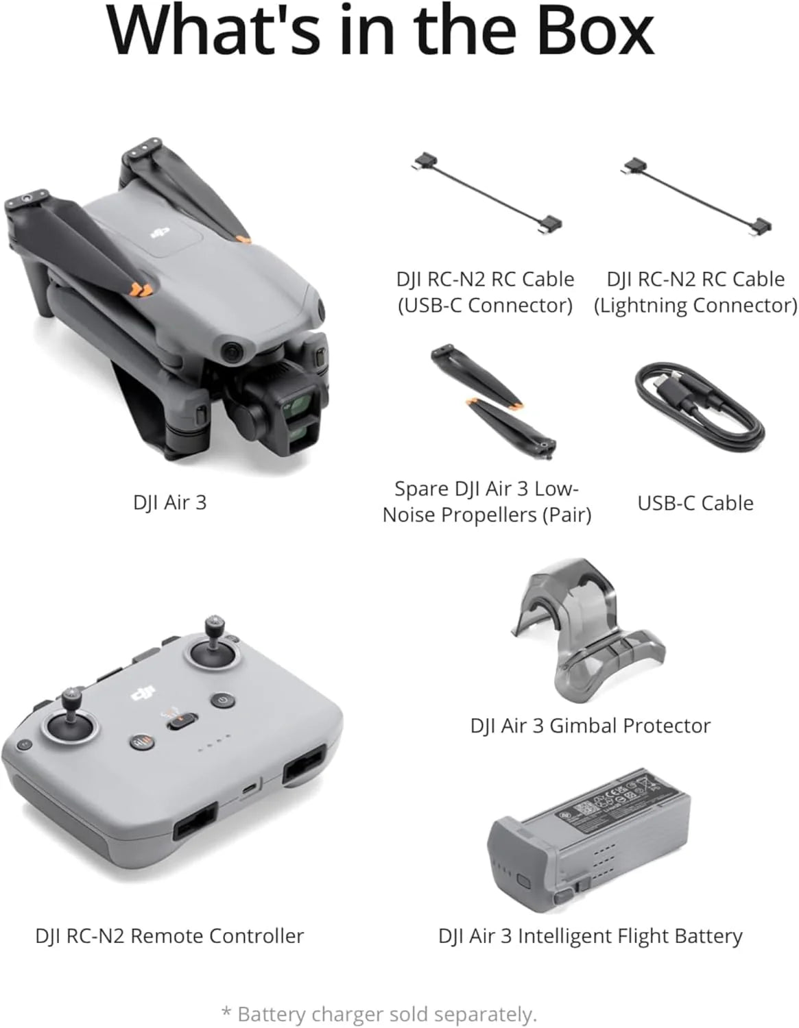 DJI Air 3 (DJI RC-N2), dron ze średnimi, podwójnymi kamerami telewizyjnymi i szerokokątnymi, maks. czas lotu 46-Min, wszechkierunkowe wyczuwanie przeszkód, zdjęcia 48MP, wideo 4K/60 kl./s HDR, C1