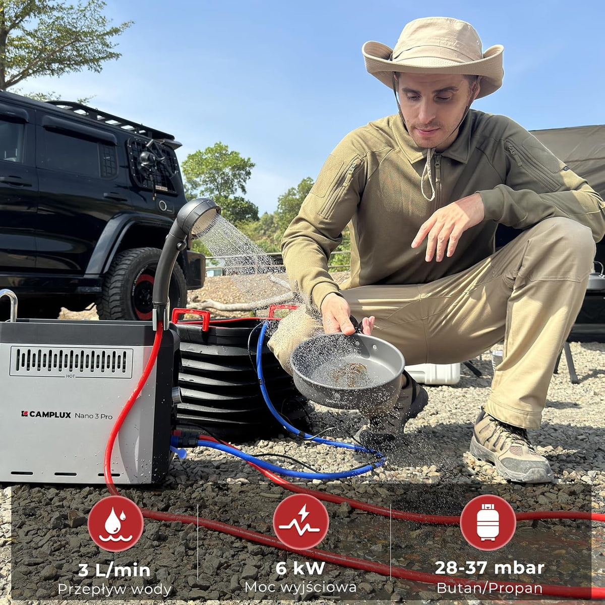 CAMPLUX Nano 3 Pro Aquecedor de Agua a Gás com Bomba de Agua, 3 L/min, Butano (28-30 mbar)/ Propano (37 mbar), para Autocaravana, Campismo