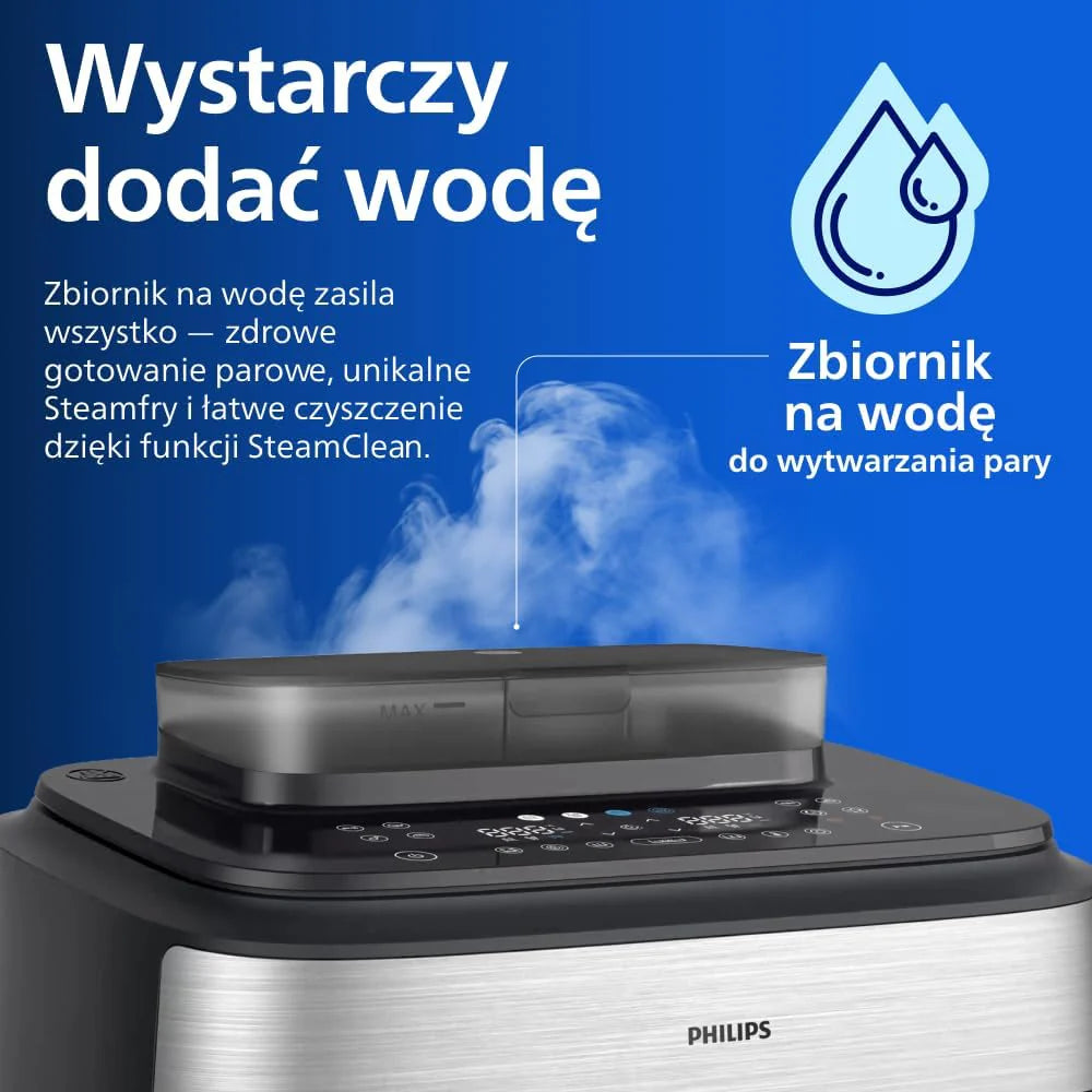 Philips Airfryer Ovi serii 5000 Megabasket z parą - Steamfry, Gotowanie na parze i Airfry, 28 metod gotowania; 9,5 l w Megabasket lub 3 l + 6 l w podwójnym koszu, RapidAir, czyszczenie parą (NA565/00)