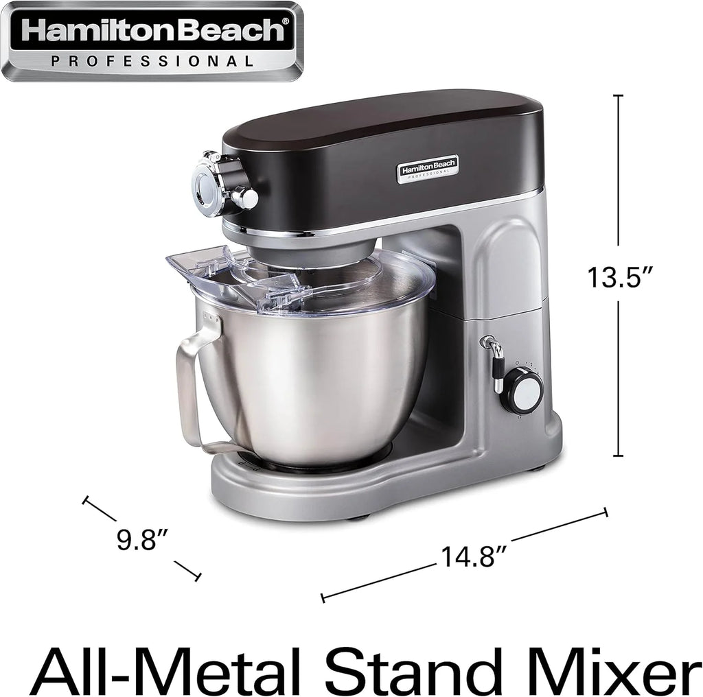 Hamilton Beach Professional Metalowy blender stojący ze specjalnym pojemnikiem mocującym, miska o pojemności 5 litrów, 12 prędkości, w zestawie płaska trzepaczka, hak do ciasta, trzepaczka (63240)
