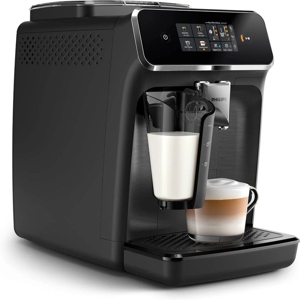 Philips z serii 2300 w pełni zautomatyzowany ekspres do kawy - 4 napoje, nowoczesny, kolorowy ekran dotykowy, LatteGo, SilentBrew, młynek w 100% ceramiczny, filtr AquaClean. Czarny, matowy (EP2330/10)