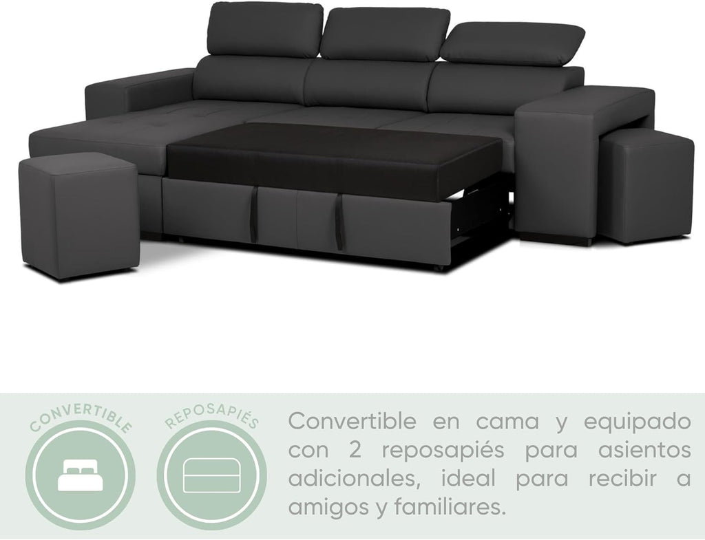 Sofa narożna BUDWING John 4-osobowa z funkcją spania – rozkładana leżanka, regulowany zagłówek i 2 pufy – tapicerowana poliuretanem – styl nowoczesny – 263 x 161 x 96 cm – kolor czarny
