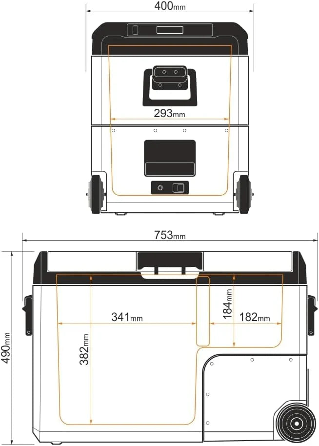 Yolco TCX50 piaskowa lodówka podróżna z kompresorem, 50 l + akumulator – Dual Zone, -20°C, 12/24 V i 230 V, aplikacja Bluetooth, lodówka i zamrażarka z rolkami, na kemping i w podróży