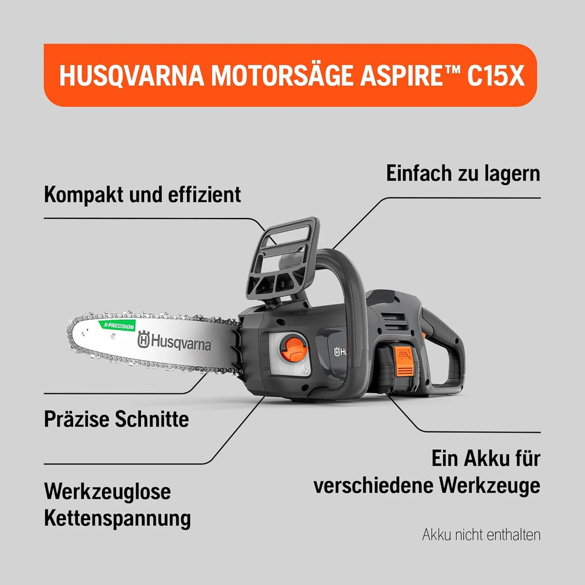 Husqvarna Akumulatorowa piła łańcuchowa C15X-P4A, zasilana bateriami (litowo-jonowa, 18 V, wysoka prędkość cięcia, w zestawie akumulator i ładowarka)