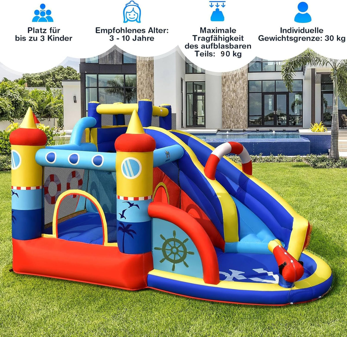 COSTWAY Nadmuchiwany zamek dmuchany z dmuchawą 550 W, park wodny 6 w 1 ze zjeżdżalnią i brodzikiem, do użytku na zewnątrz dla dzieci, do ogrodu, 360 x 290 x 200 cm